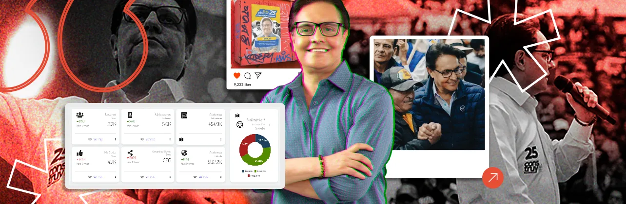 Collage de comunicación pública y cobertura de campaña de Fernando Villavicencio.
