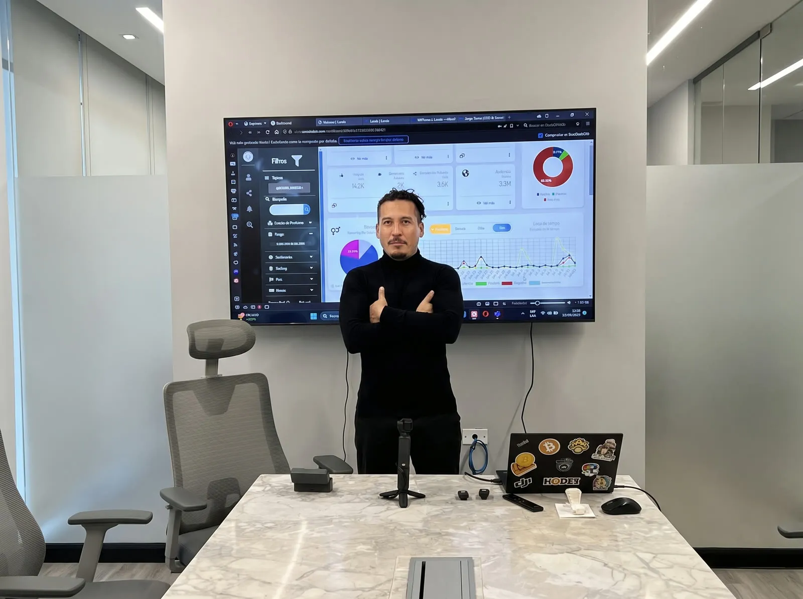 Sala de operaciones: presentación frente a un tablero de datos en pantalla.